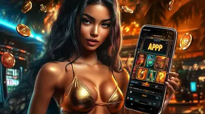 Woman in gold outfit showcasing casino mobile app with flying coins