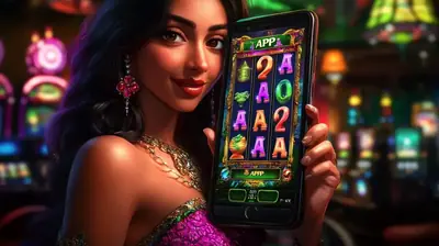 Happy woman holding phone with colorful slot machine game featuring letters and numbers