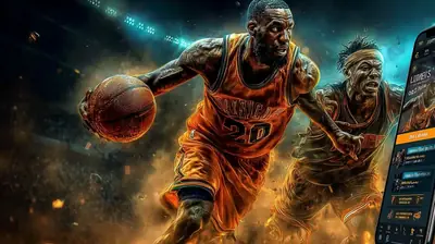 Dynamic basketball players in orange jerseys competing with live odds display panel