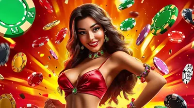 Glamorous woman in red celebrating with flying casino chips and jewelry