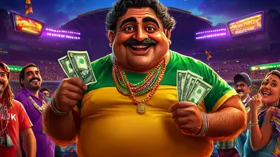 Joyful man holding cash in crowded stadium with Fortune Fair Fun signage