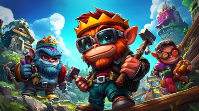 Playful cartoon monkeys with tools exploring colorful fantasy kingdom world