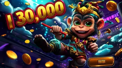 Cheerful cartoon monkey character celebrating 130,000 jackpot win with gold coins
