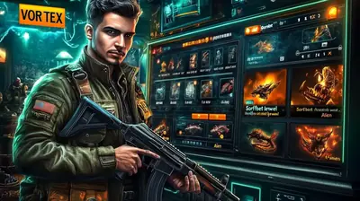 Military character with weapon showcasing Vortex gaming interface with creature collection