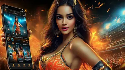 Glamorous woman showcasing mobile casino gaming app with vibrant stadium background