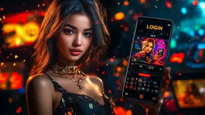 Elegant woman displaying mobile casino login interface with vibrant bokeh lights