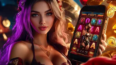 Purple-haired woman holding smartphone with colorful slot game featuring gemstones