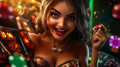 Beautiful woman smiling with casino chip holding dice near slot machines