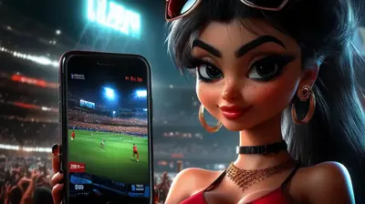 Animated character holding phone with live soccer match betting in stadium setting