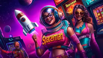 Retro-futuristic space-themed slot game with female astronaut and rocket ship
