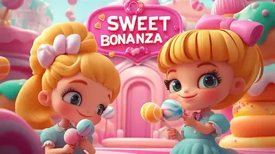 Adorable cartoon girls with lollipops in colorful candy-themed slot game world